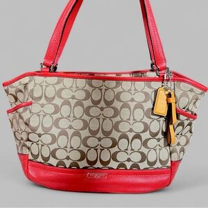 Coach Red and Brown Signature Shoulder Bag